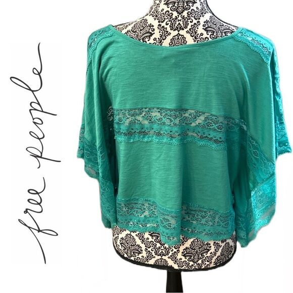 Free People Women’s Green Lace Trim Inset Bat Wing Sleeve Top - Size XS - Picture 2 of 3